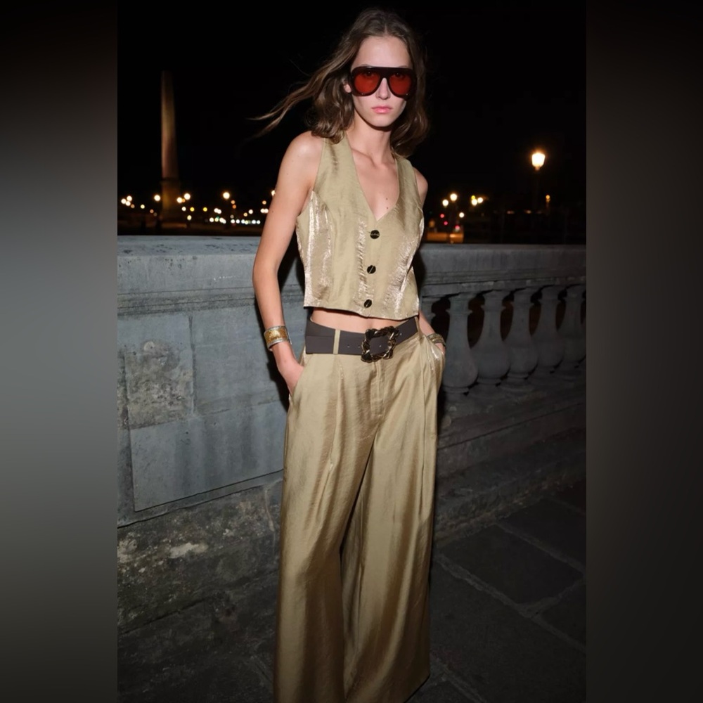 ZARA SATIN WIDE LEG BELTED PANTS
